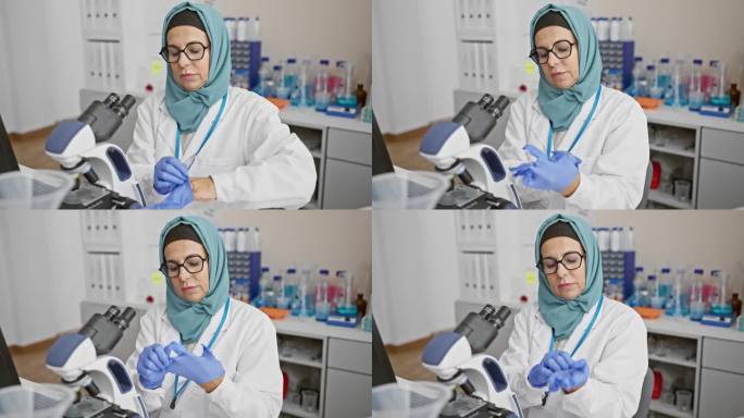 一位中年妇女在实验室工作台上戴着手套，拿着显微镜和化学药品，传达着医疗保健方面的专业精神。