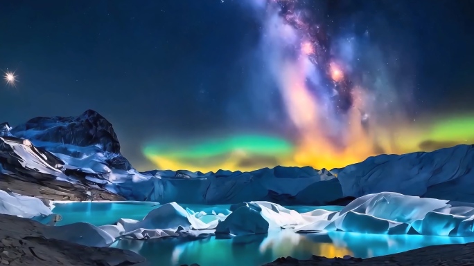 唯美壮观星空大自然冰山极光视频