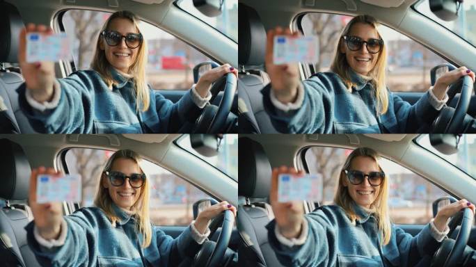 快乐的女人坐在车里，展示她的新驾照