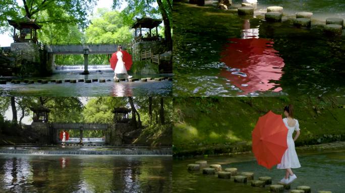 唯美乡村河流美女撑红伞女孩过河旅游