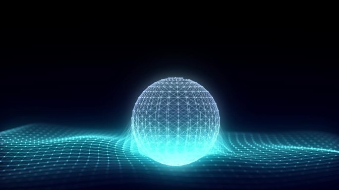 充满未来感的蓝色科幻太空球体，周围有波浪。科技圈一个网络连接大数据。带有粒子的数字ai背景。三维线框