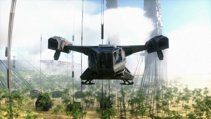 未来城市里的科幻飞船，沙漠里的骆驼。未来概念，逼真的4k动画。