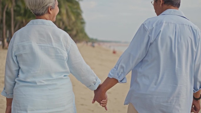 老人夫妇手牵着手在沙滩上散步。