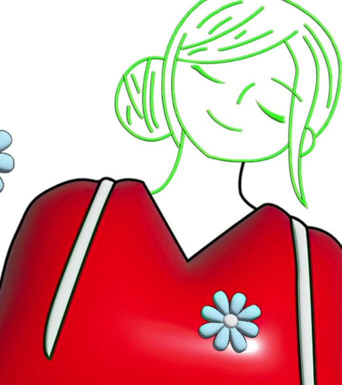 手绘插图的女人与红衬衫和鲜花