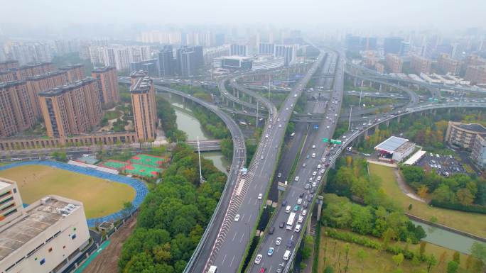 杭州上城区石德立交桥高架桥车流风景视频素