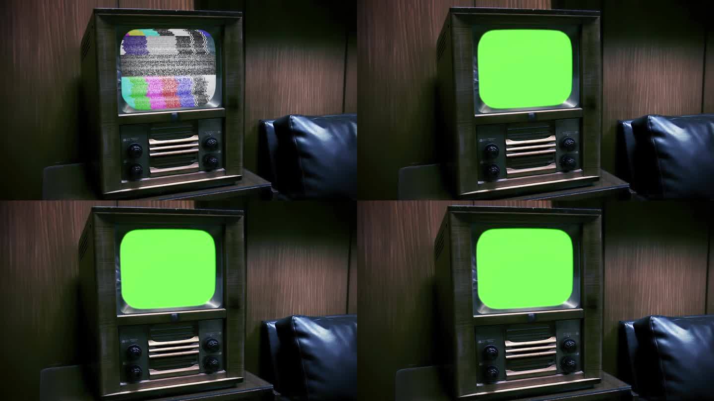 旧木电视绿屏。在电子产品被描述为家具风格的时代，电视机是用木头做的。4 k决议。