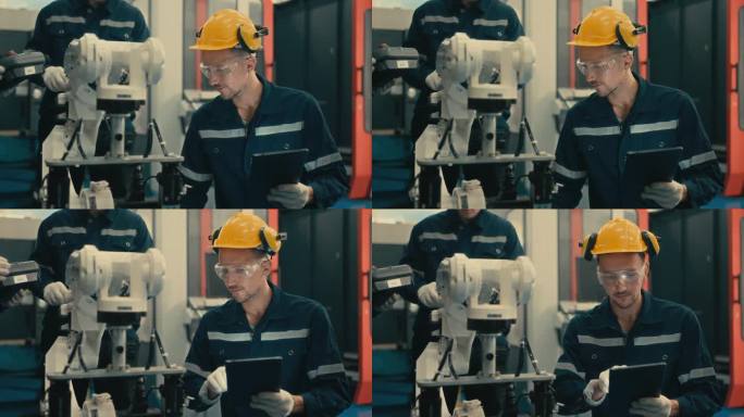 高效的团队合作:维修工程师在工厂环境中修理机械臂。