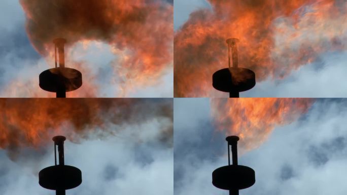 在油田燃烧危险气体。厄瓜多尔亚马逊雨林伴生气体的工业燃烧。南美洲的石油开采工业。高质量的全高清镜头