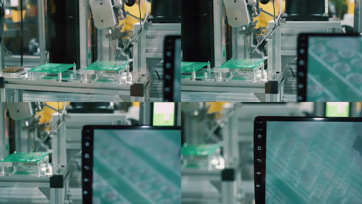 电子厂电脑处理器生产线近景。微芯片制造工艺。