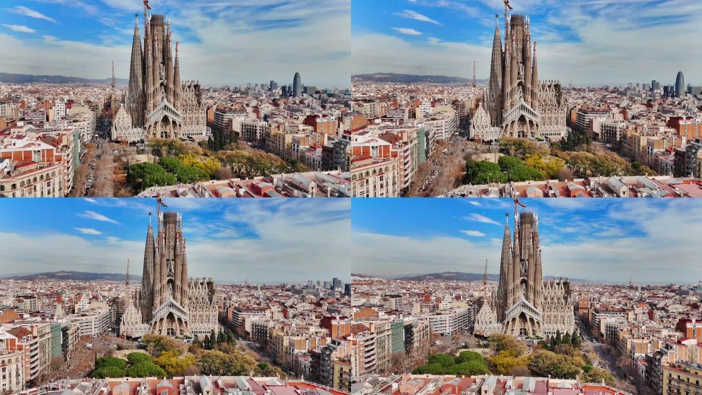 鸟瞰西班牙加泰罗尼亚巴塞罗那的圣家大教堂鸟瞰巴塞罗那Eixample住宅区和圣家大教堂，欧洲最著名的