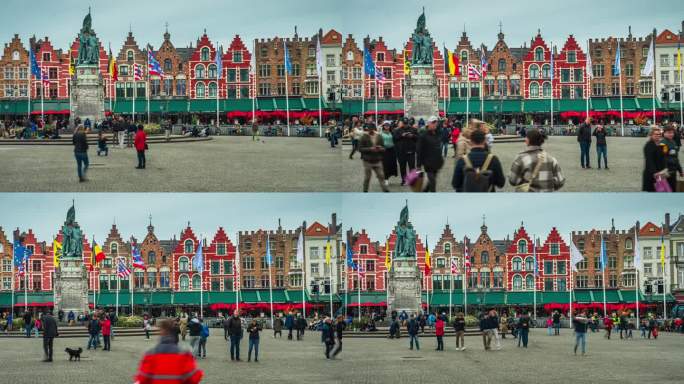 欧洲比利时布鲁日贝尔福和格罗特市场广场的人群旅游步行观光景点的延时镜头