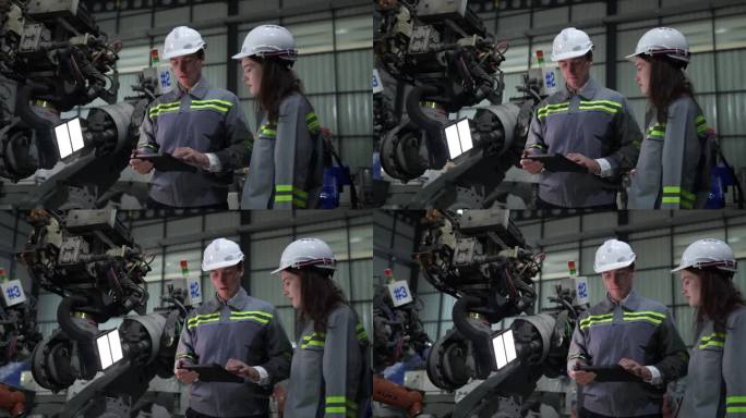 工厂工程师用智能平板电脑检查机器。工人在机器机械臂上工作。工业工厂的远程系统焊机。人工智能概念。