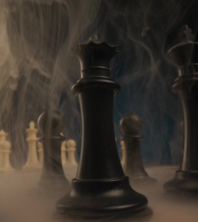 棋子间硝烟缭绕的国际象棋战场，概念聪明策略的心理战，冠军和成就的概念