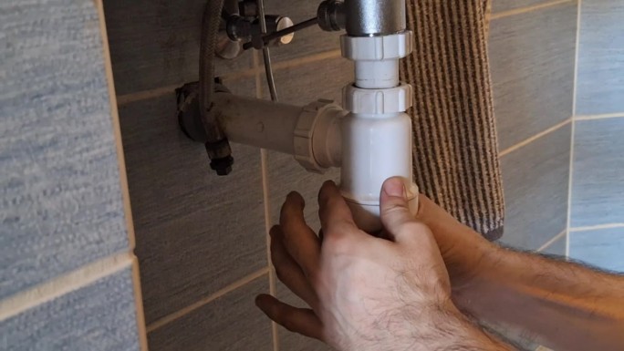 水管工在修理污水的隔臭器。一个男人的手在浴室的洗脸盆下面固定装置。然后水开始从泄漏的废物收集器中泄漏