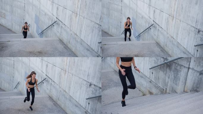 坚定的女运动员在城市楼梯上奔跑