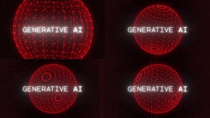 “生成式人工智能”出现在屏幕上，一个不祥的红色球体在它身后动画
