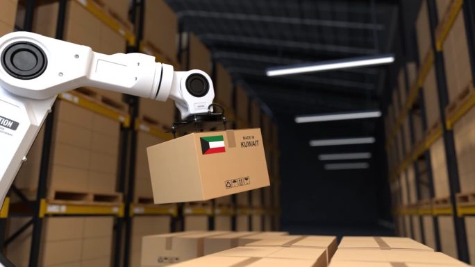 机器人手臂正在举起一个装着科威特产产品的箱子。