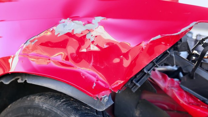 道路交通事故——红色汽车迎头相撞。-特写镜头