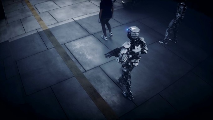 机器人行走。在工厂生产军用未来船。未来的概念。逼真的4k动画。