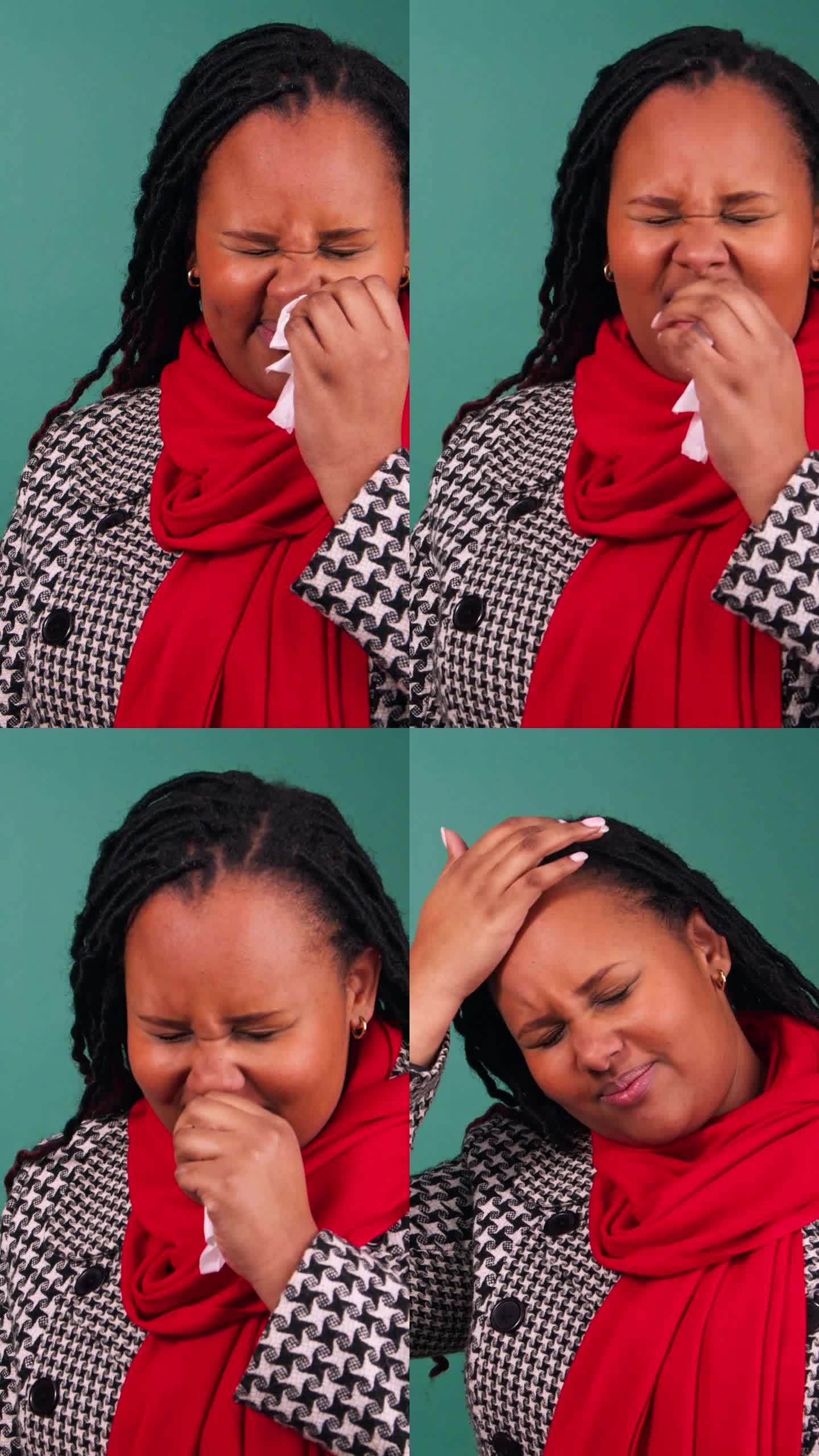垂直视频显示一名非洲妇女感到恶心，打喷嚏和揉鼻子