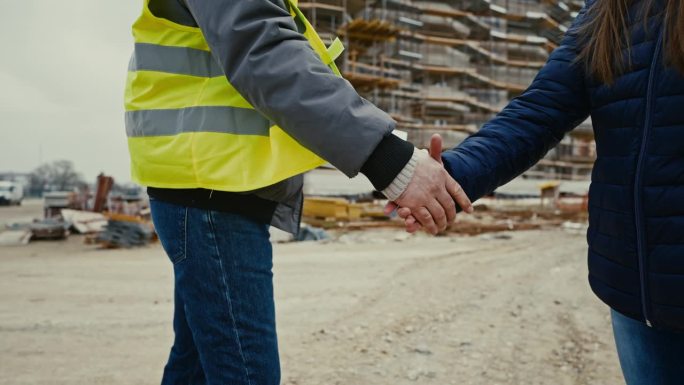 建筑承建商和建筑师在建筑工地握手的中间部分