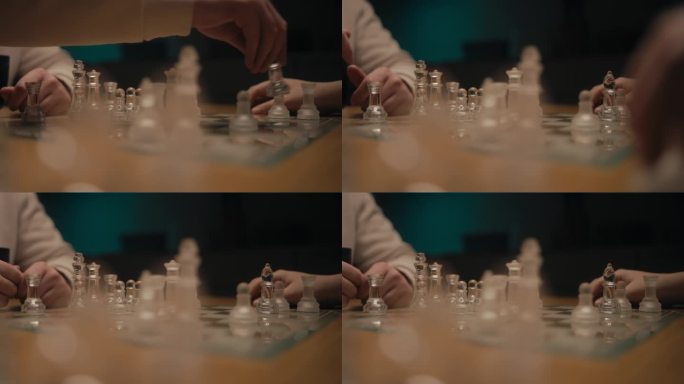 国际象棋游戏:棋盘上一些棋子的静态照片。一方攻击另一方，取走对方的兵。焦点转移到国王身上。