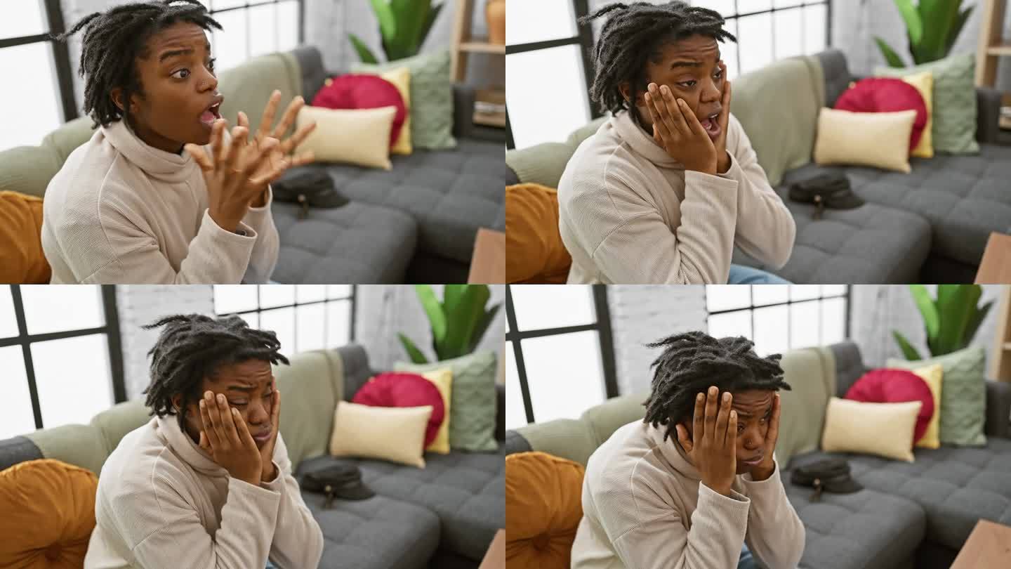 年轻的黑人女子梳着脏辫，坐在家里的沙发上，脸上露出惊讶的表情