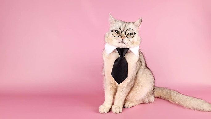 一只淡定的白色商务猫，系着黑领带，戴着眼镜，坐在粉红色的背景上