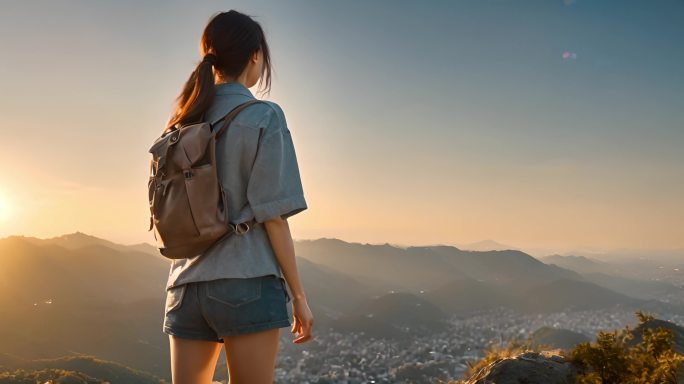 女孩背影与登山