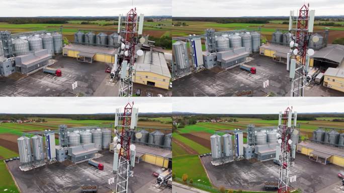 无人机拍摄农村农场的发射塔和筒仓