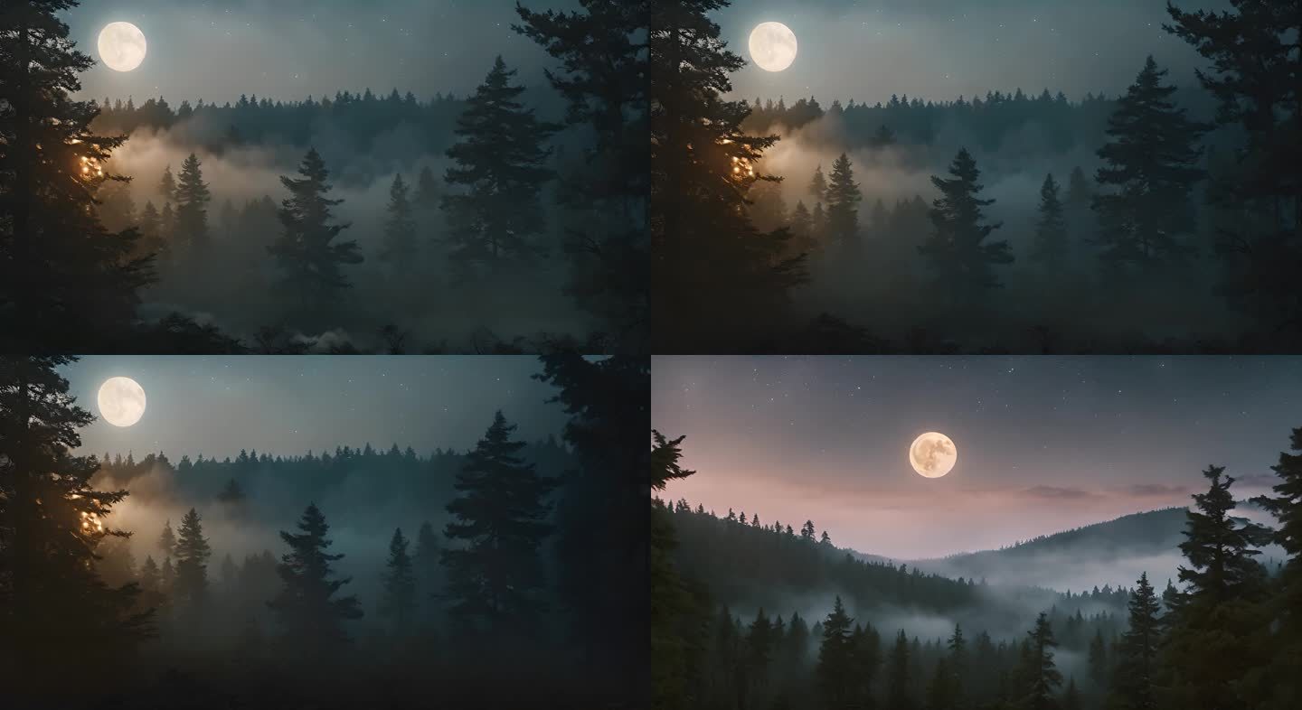 圆月照耀下的山峰森林