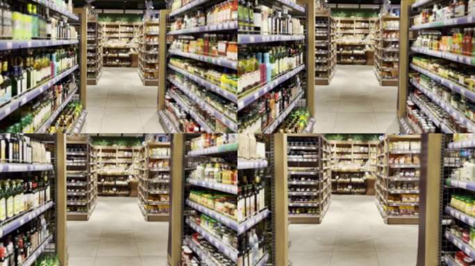 超市的货架，模糊的背景，空荡荡的店面