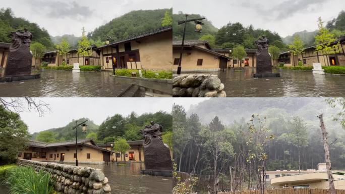 山林红色景区农村土房下雨天实拍