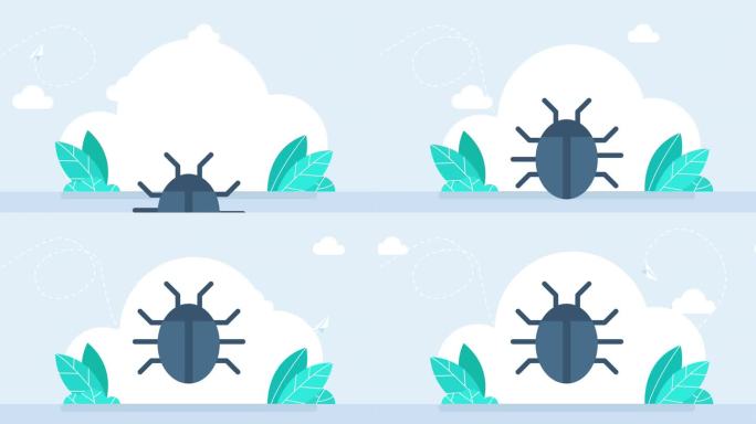 错误,甲虫。甲虫从下面爬出来，停留在屏幕的中央。发现错误，软件测试的概念。蓝色的甲虫。平面设计风格。