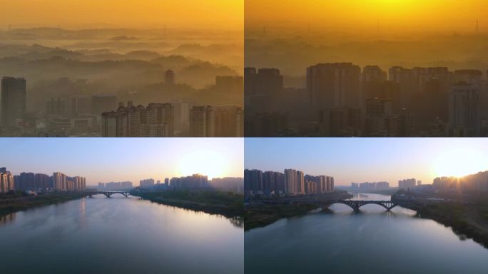 航拍四川资阳城市美景 大气的沱江日出