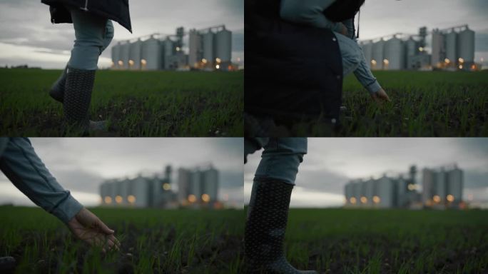 跟踪拍摄农民穿着胶靴在农田里行走