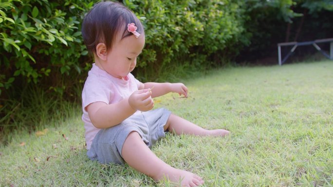 一个蹒跚学步的小女孩坐在草地上，手里拿着一片叶子。画面平静祥和，宝宝在户外玩耍
