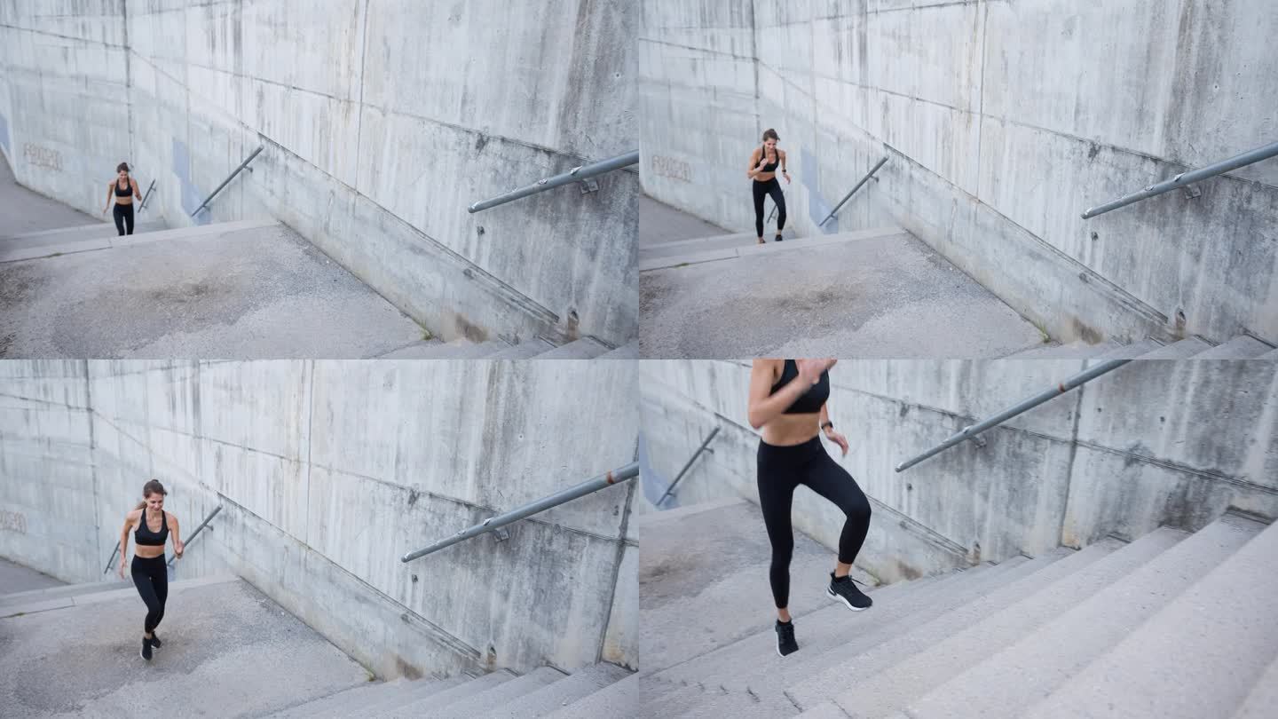 坚定的女运动员跑上混凝土楼梯