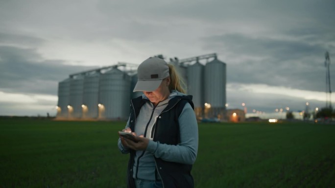 跟踪拍摄女农民使用智能手机在农村农场的作物