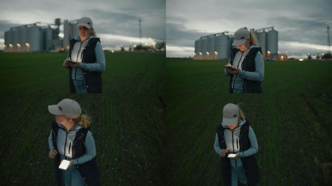 跟踪拍摄女农民使用智能手机在农村农场的作物