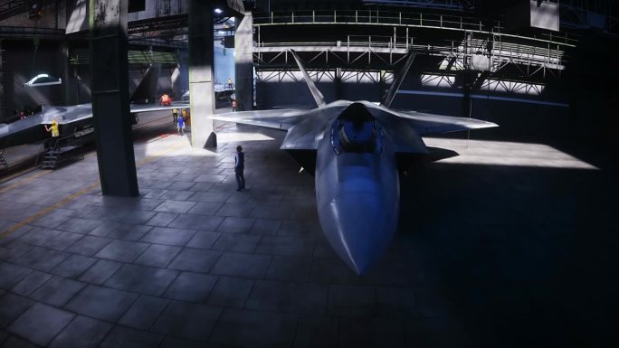 该工厂生产军用战斗机f - 22猛禽。军用工厂武器。逼真的4k动画。