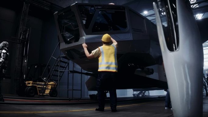 在工厂生产军用未来船。未来的概念。逼真的4k动画。
