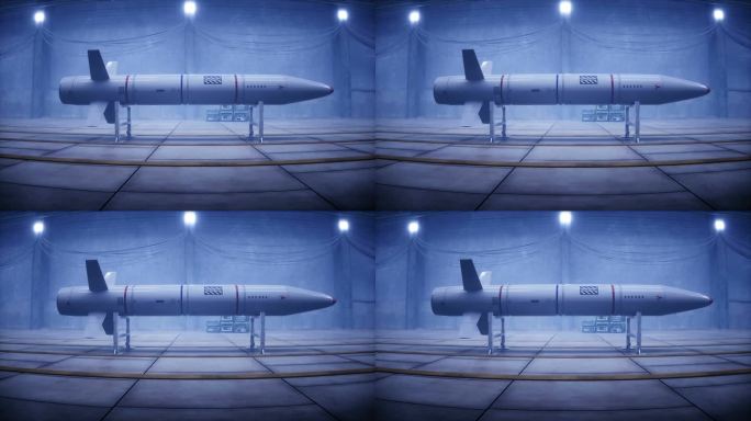 军用战术火箭厂、生产线。战争概念，逼真的4k动画。
