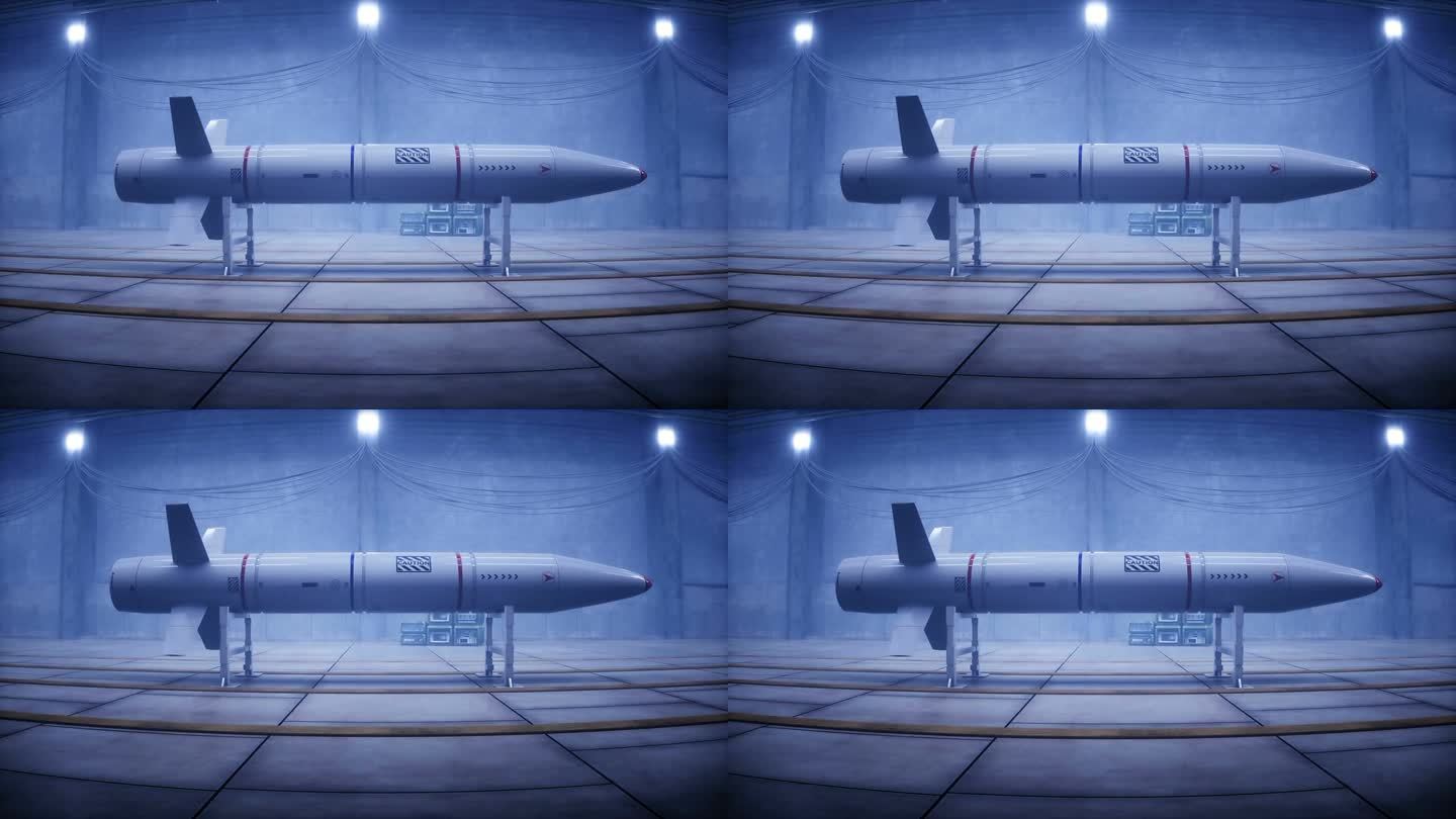 军用战术火箭厂、生产线。战争概念，逼真的4k动画。