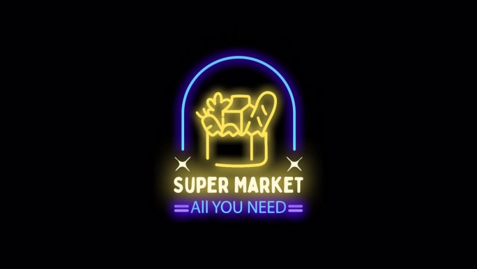 4K超市招牌霓虹灯动画在Alpha(透明)通道，霓虹灯LED灯系统。只需拖拽它到您的时间轴或录像视频