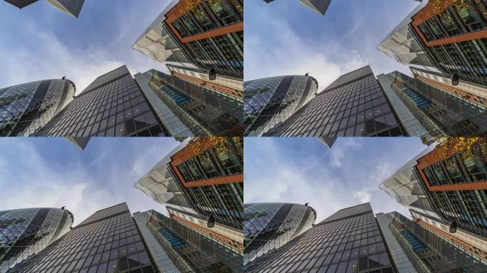 英国，英国，英国，英国，伦敦，大厦中心，低角度拍摄的高层企业大楼，摩天大楼与云层的反射