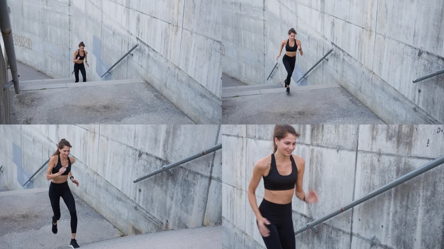 健美的女运动员在体育馆楼梯上奔跑