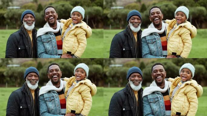 爷爷、爸爸或一脸开心的孩子在公园里与父母一起在大自然的户外乡村里玩耍。黑人家庭或有趣的非洲爸爸大笑或