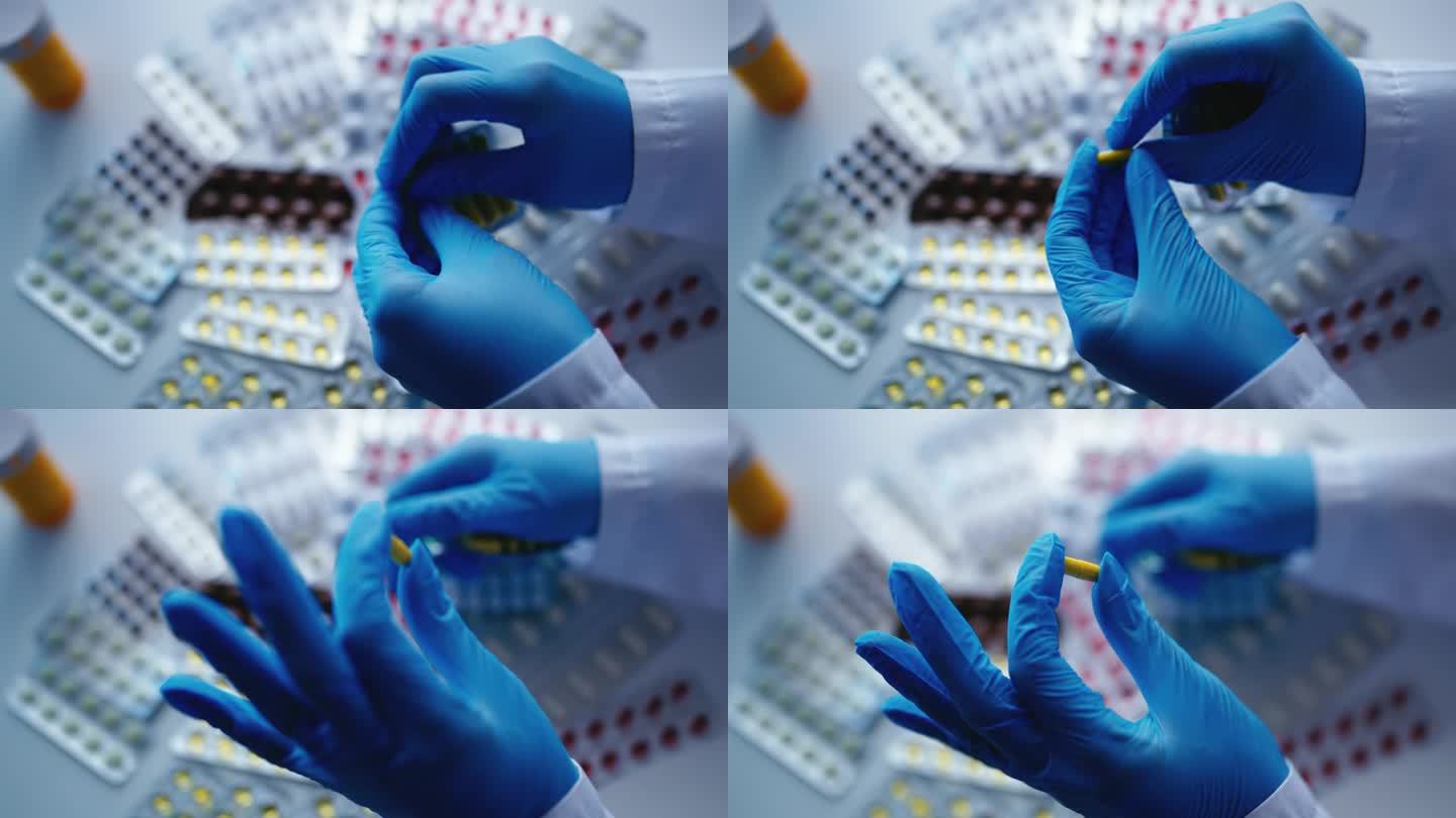 实验室工作人员从包装中取出药物胶囊的特写，专利药物