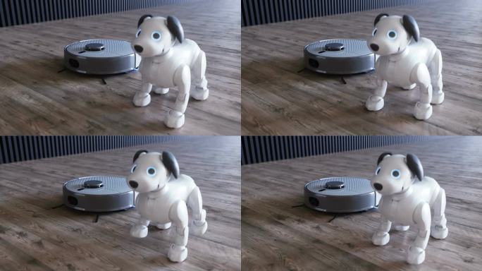 小有趣的机器人智能狗和吸尘器机器人。4 k动画。